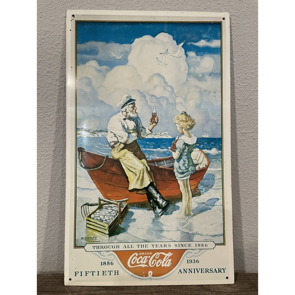 Coca-Cola Metal 9"x15" Sign Fiftieth Anniversary 1886-1936 By N.C. Wyeth 1990